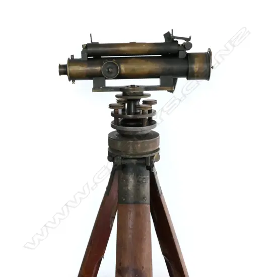 VICTORIAN BRASS SURVEYOR'S TRANSIT w TRIPOD COUPLING & ASSOCIATED TRIPOD, IN MAHOGANY CASE